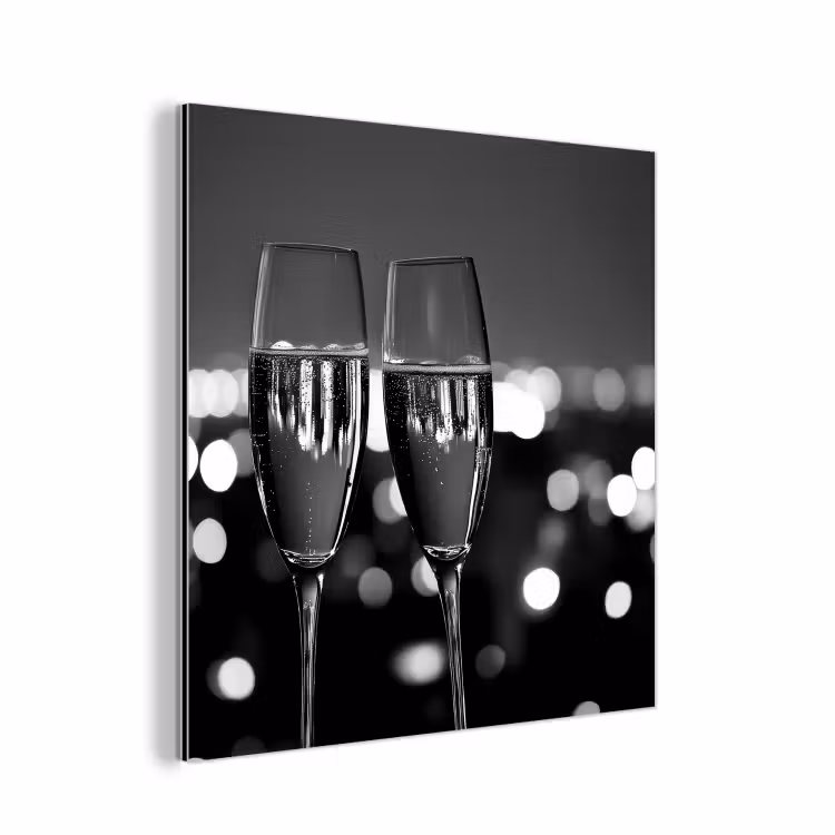 Aluminium schilderij - Bubbels - Proosten - Champagneglazen - Stadslichten — 1