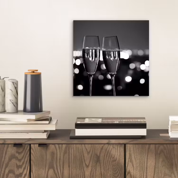 Aluminium schilderij - Bubbels - Proosten - Champagneglazen - Stadslichten — 2