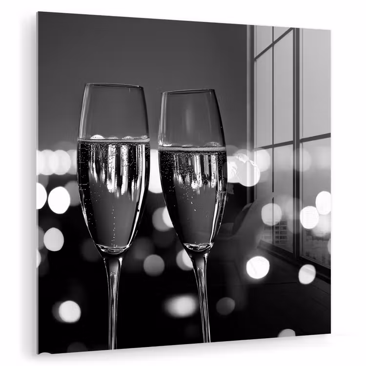 Glas schilderij - Bubbels - Proosten - Champagneglazen - Stadslichten — 1