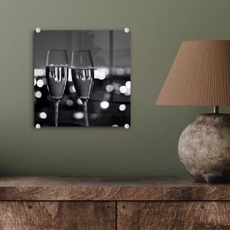 Glas schilderij - Bubbels - Proosten - Champagneglazen - Stadslichten — 4