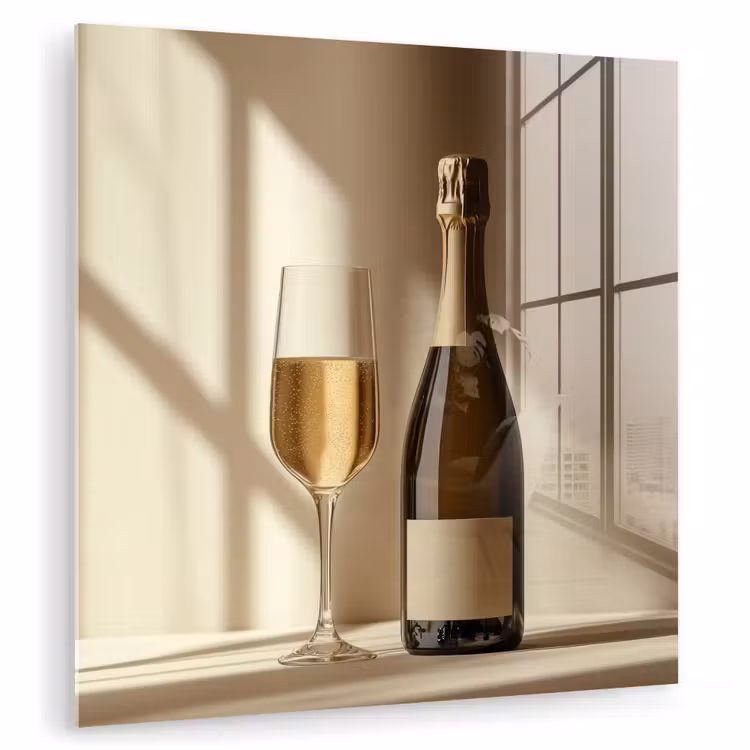 Glas schilderij - Champagne - Beige - Schaduw - Bubbels — 1