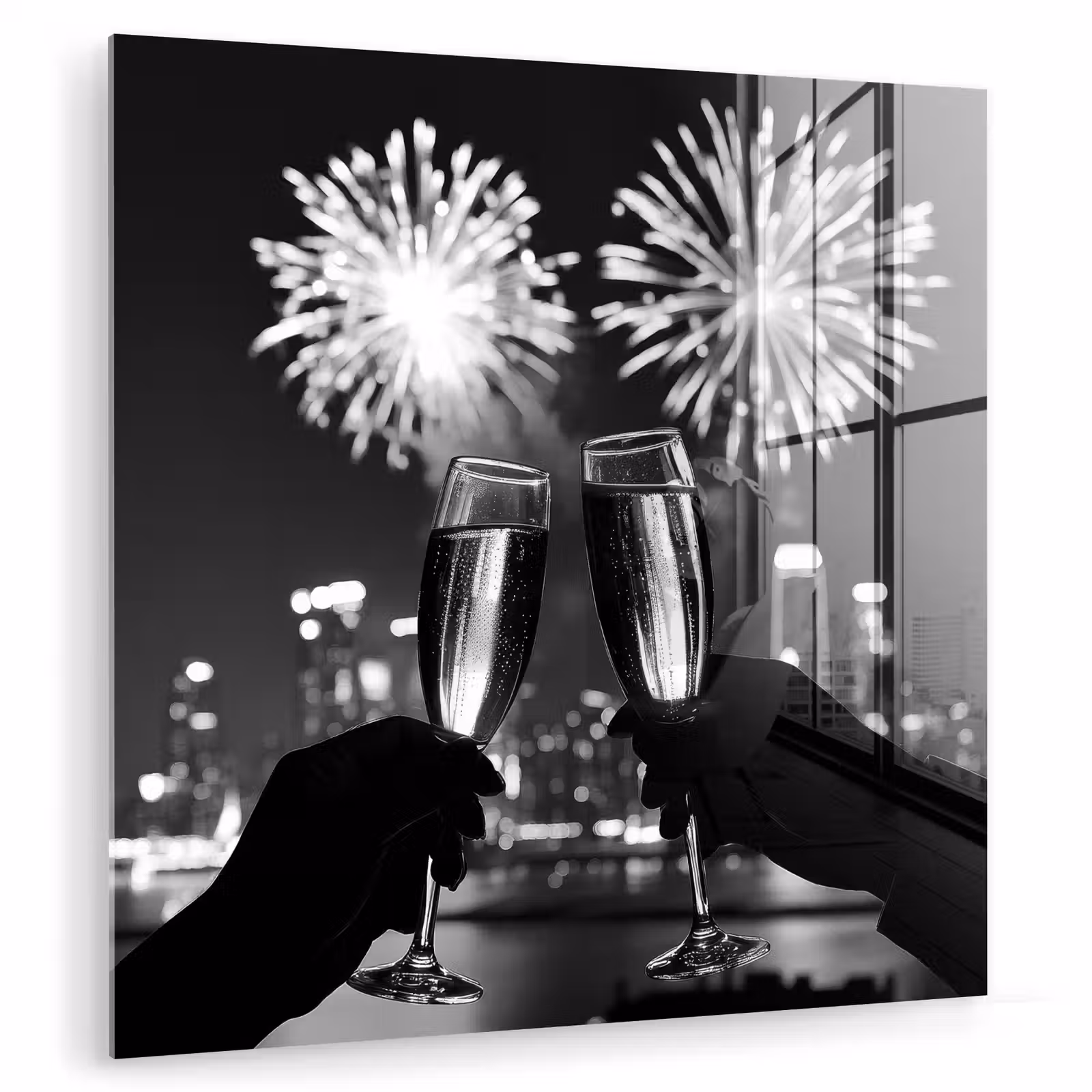 Glas schilderij - Vuurwerk - Proosten - Skyline - Champagne — 1