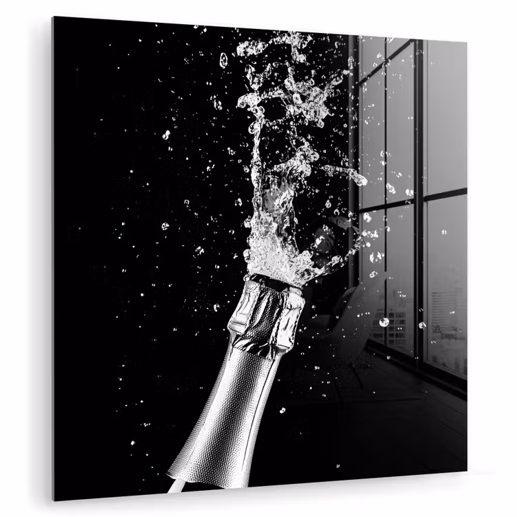 Glas schilderij - Champagne - Zwart - Spetters - Popping — 1
