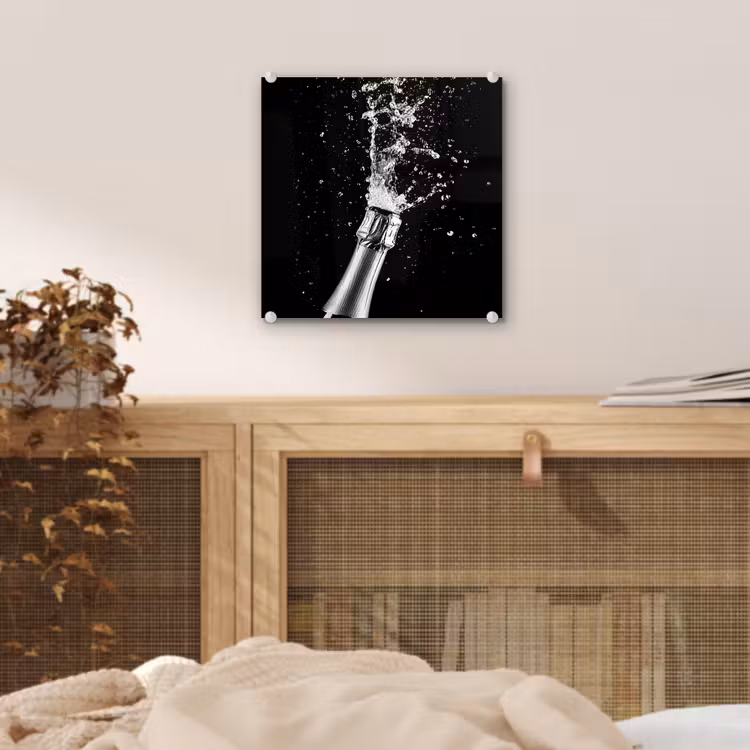 Glas schilderij - Champagne - Zwart - Spetters - Popping — 5