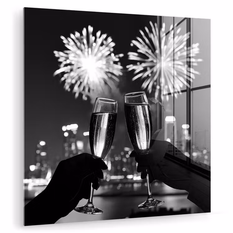 Glas schilderij - Vuurwerk - Proosten - Skyline - Champagne — 1