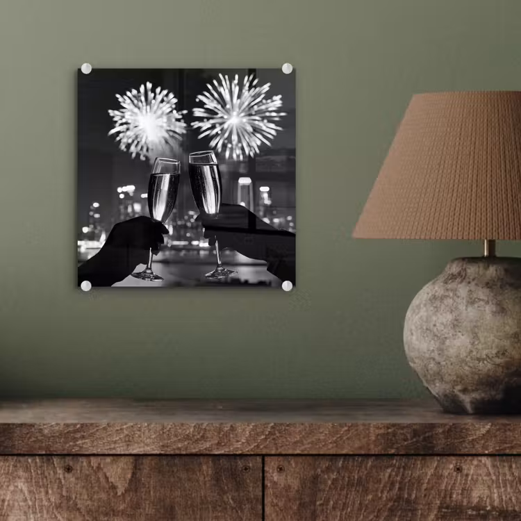 Glas schilderij - Vuurwerk - Proosten - Skyline - Champagne — 4