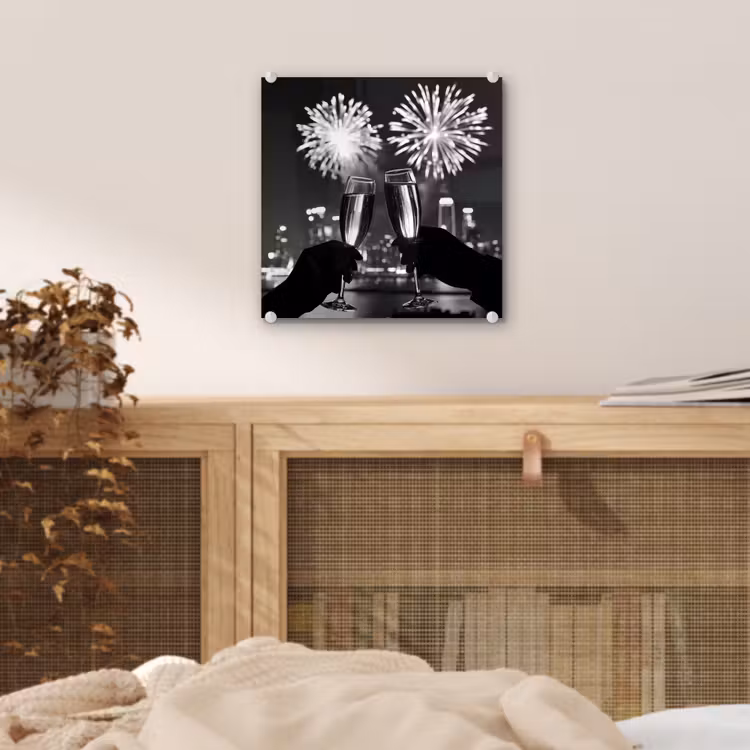 Glas schilderij - Vuurwerk - Proosten - Skyline - Champagne — 5