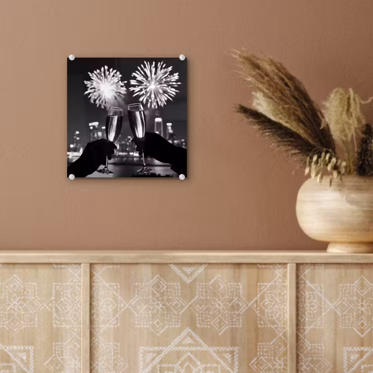 Glas schilderij - Vuurwerk - Proosten - Skyline - Champagne — 6