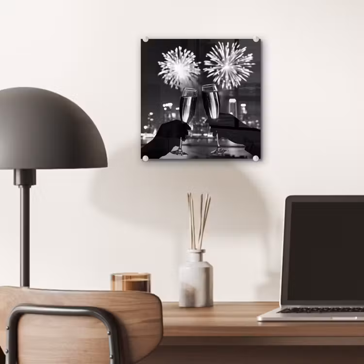 Glas schilderij - Vuurwerk - Proosten - Skyline - Champagne — 7