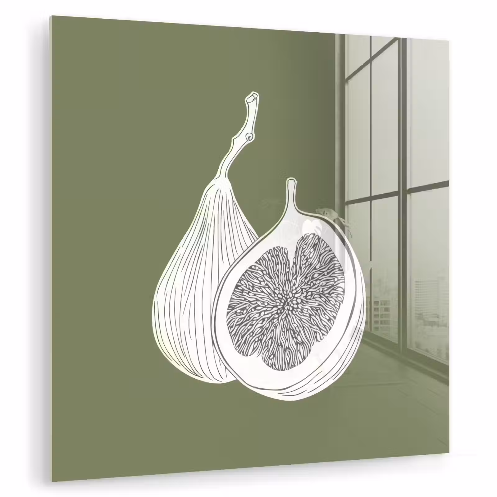 Glas schilderij - Vijgen - Minimalistisch - Getekend - Mosgroen — 1