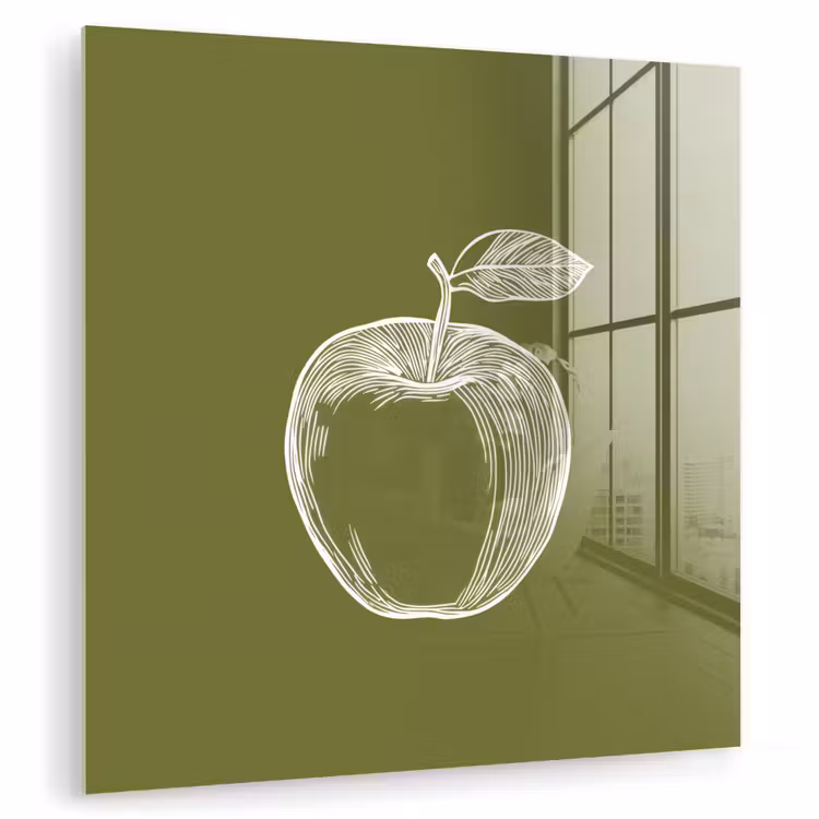 Glas schilderij - Lijntekening - Appel - Olijfgroen - Blaadje — 1