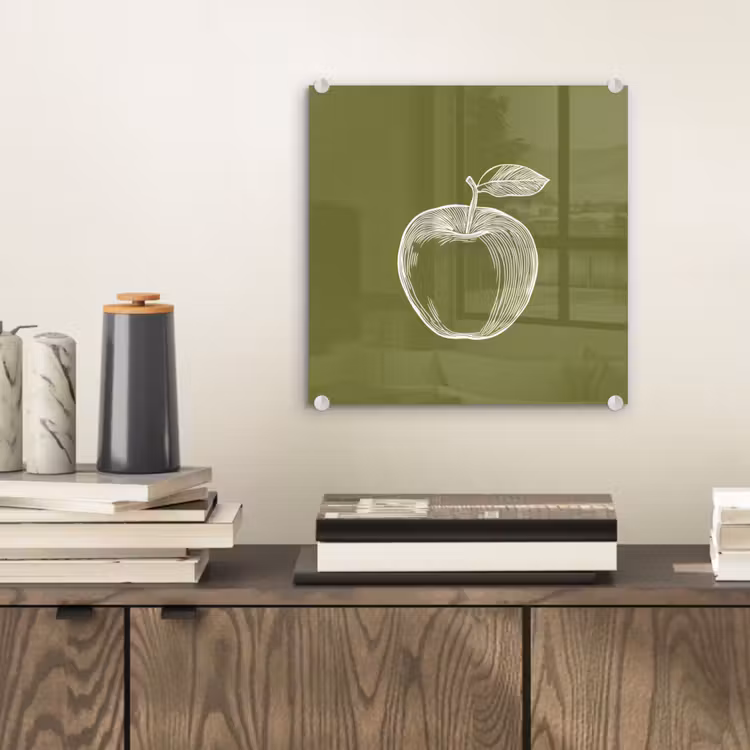 Glas schilderij - Lijntekening - Appel - Olijfgroen - Blaadje — 2