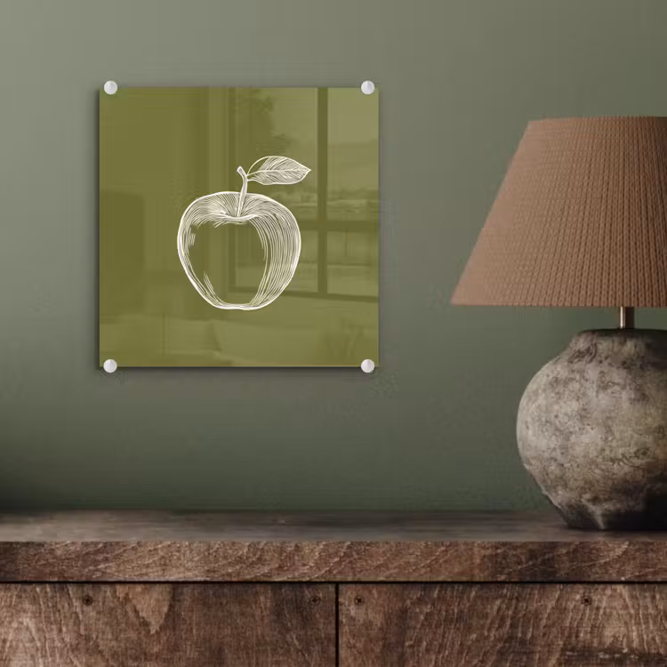 Glas schilderij - Lijntekening - Appel - Olijfgroen - Blaadje — 4