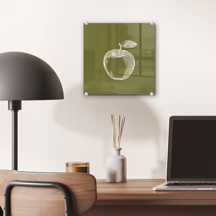 Glas schilderij - Lijntekening - Appel - Olijfgroen - Blaadje — 7