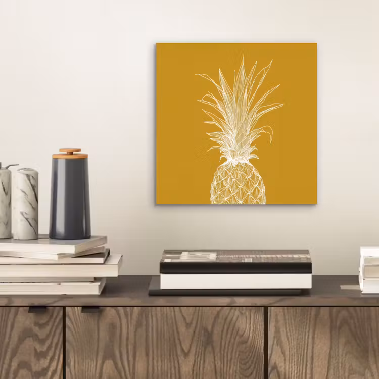 Aluminium schilderij - Lijnillustratie - Ananas - Bladkroon - Okergeel — 2