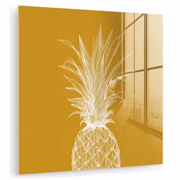 Glas schilderij - Lijnillustratie - Ananas - Bladkroon - Okergeel — 1