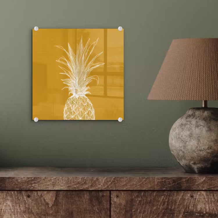Glas schilderij - Lijnillustratie - Ananas - Bladkroon - Okergeel — 4