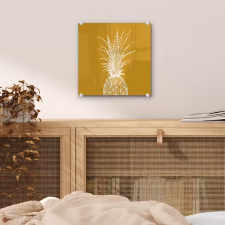 Glas schilderij - Lijnillustratie - Ananas - Bladkroon - Okergeel — 5