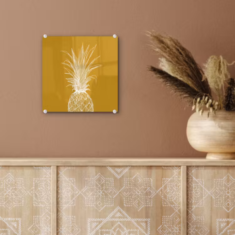 Glas schilderij - Lijnillustratie - Ananas - Bladkroon - Okergeel — 6