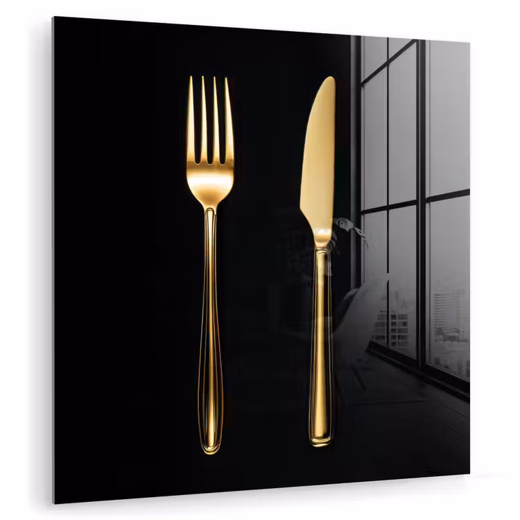 Glas schilderij - Bestek - Goud - Mes - Vork — 1