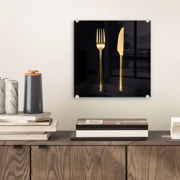 Glas schilderij - Bestek - Goud - Mes - Vork — 2