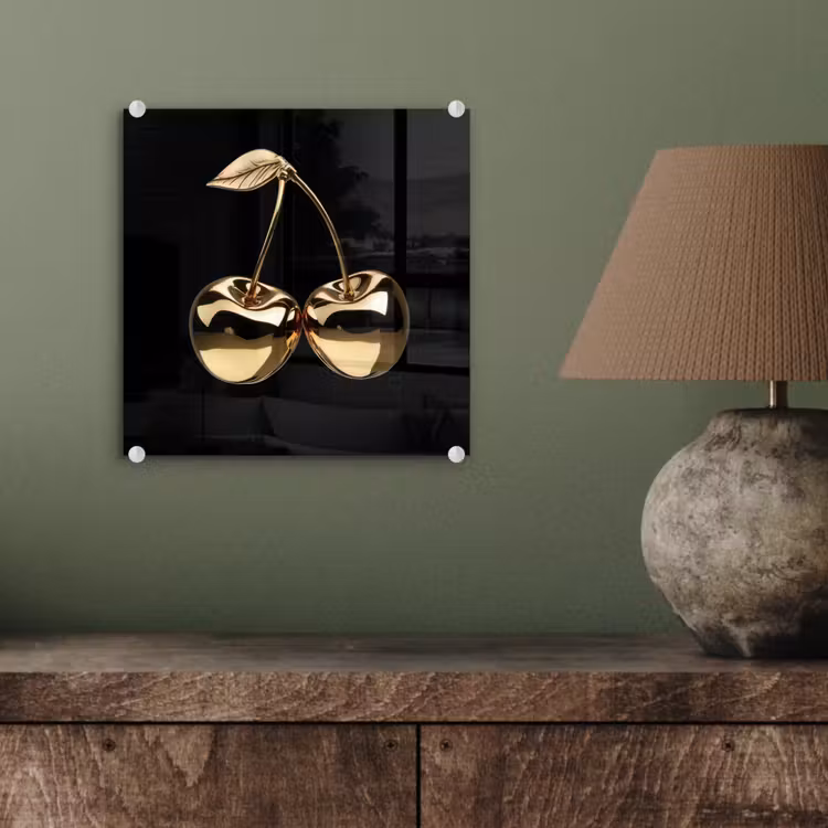 Glas schilderij - Kersen - Zwart - Goud - Chrome — 4