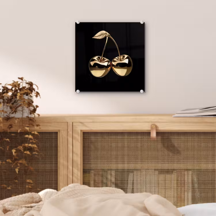 Glas schilderij - Kersen - Zwart - Goud - Chrome — 5