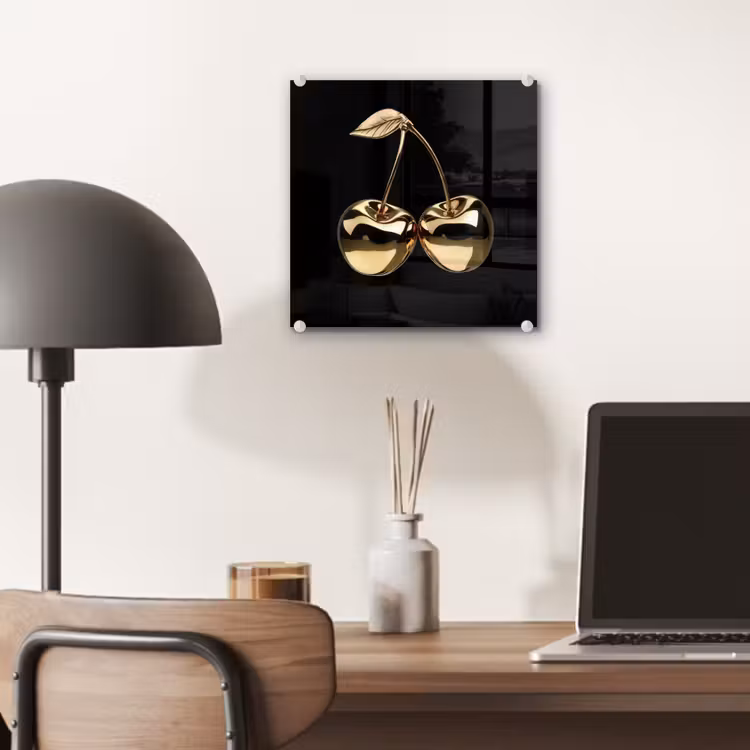 Glas schilderij - Kersen - Zwart - Goud - Chrome — 7