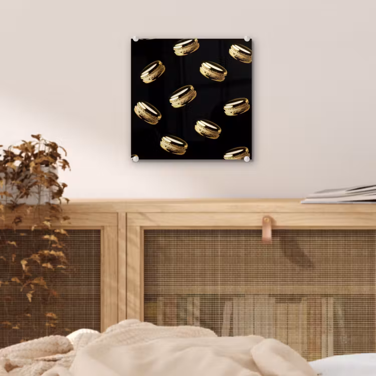 Glas schilderij - Macarons - Patroon - Goud - Zwart — 5