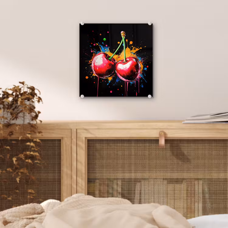 Glas schilderij - Rode Kersen Verfspetters — 5