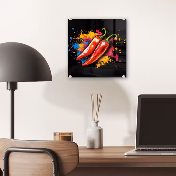 Glas schilderij - Rode Pepers Verfspetters — 7
