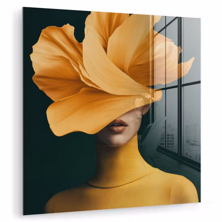 Glas schilderij - Vrouw - Hoed - Geel — 1