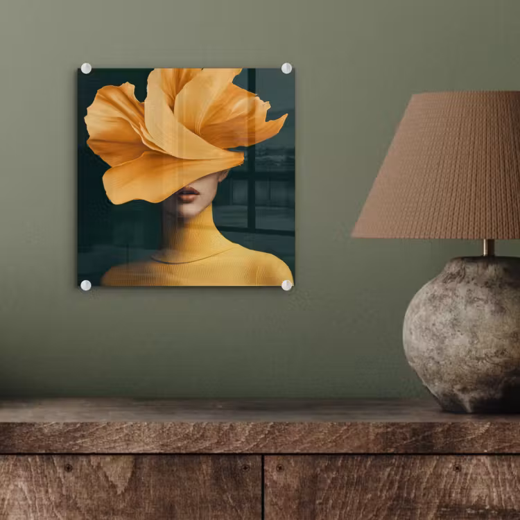 Glas schilderij - Vrouw - Hoed - Geel — 4