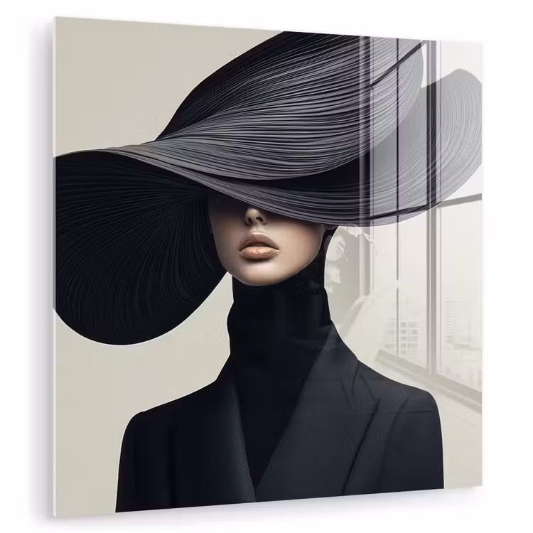 Glas schilderij - Zwart - Vrouw - Hoed — 1