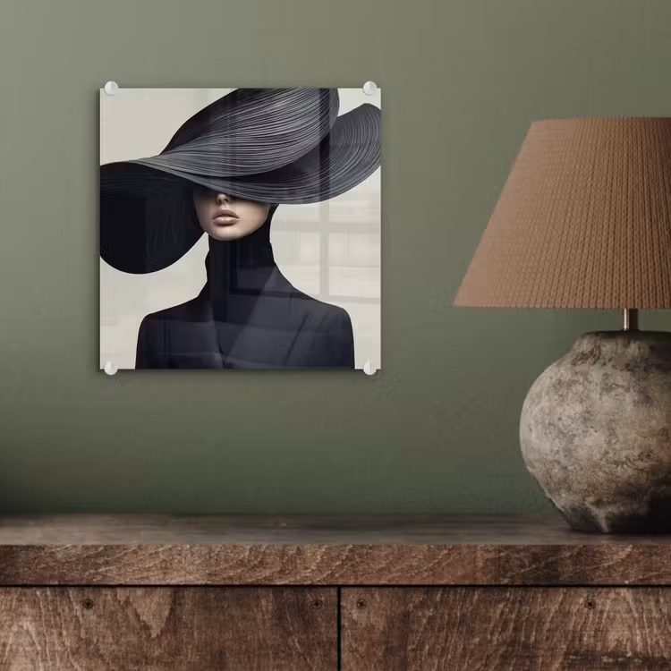 Glas schilderij - Zwart - Vrouw - Hoed — 4