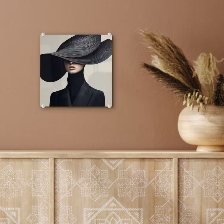 Glas schilderij - Zwart - Vrouw - Hoed — 6