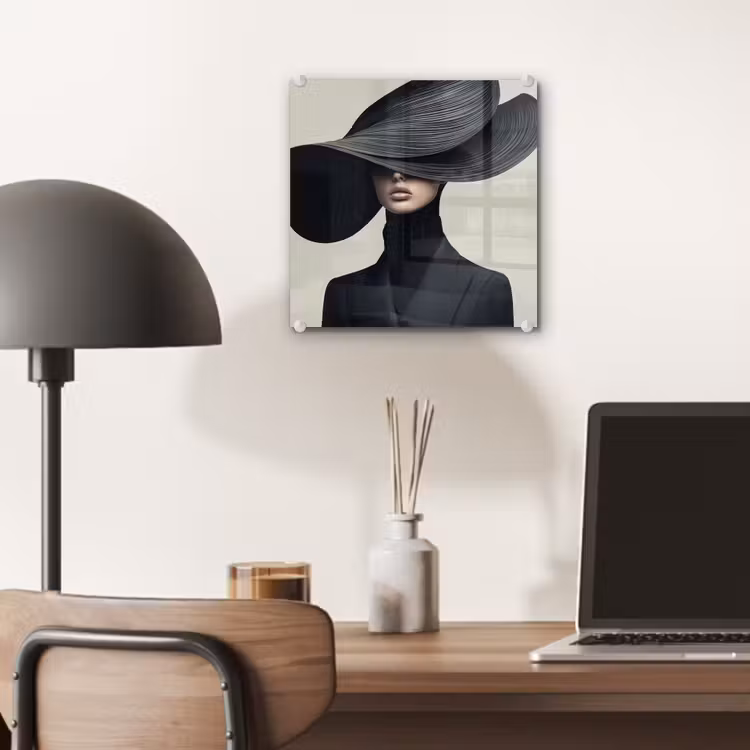 Glas schilderij - Zwart - Vrouw - Hoed — 7