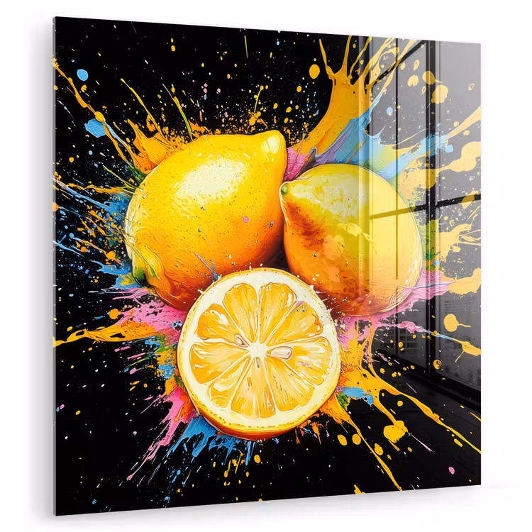 Glas schilderij - Gele Citroenen Verfspetters