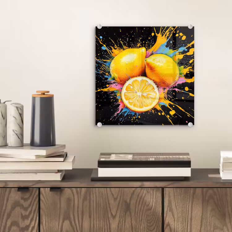 Glas schilderij - Gele Citroenen Verfspetters — 2