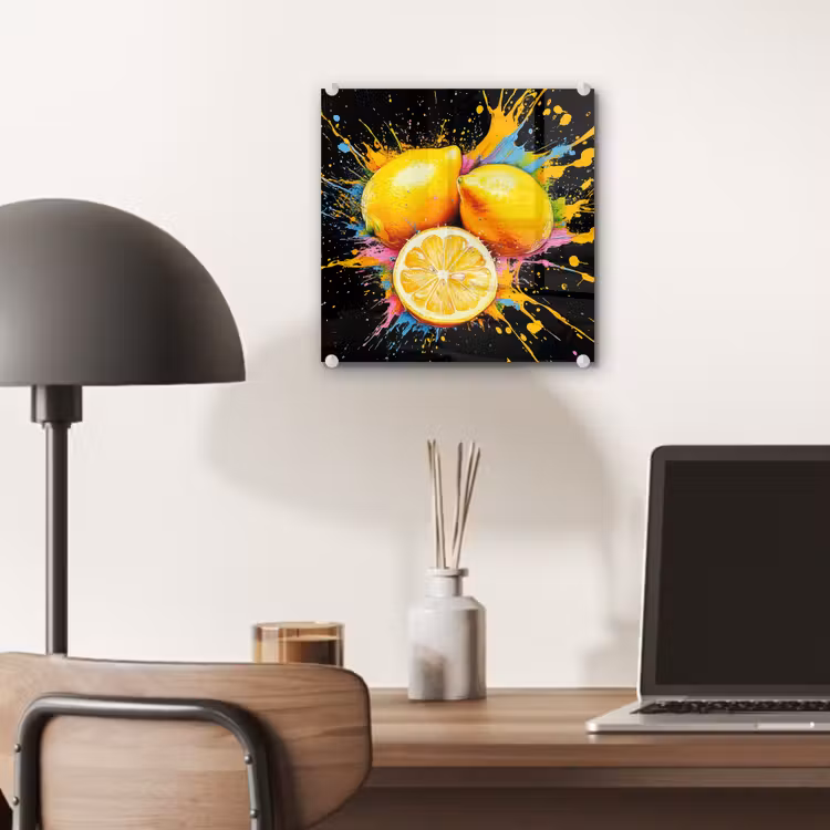 Glas schilderij - Gele Citroenen Verfspetters — 7