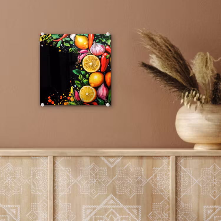 Glas schilderij - Citroenen Knoflook Paprika Zwarte Achtergrond — 6