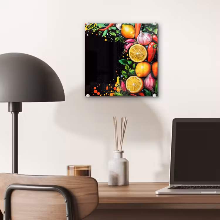 Glas schilderij - Citroenen Knoflook Paprika Zwarte Achtergrond — 7