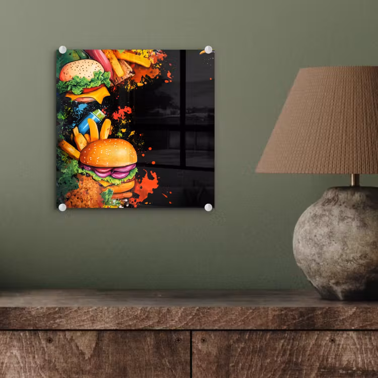 Glas schilderij - Hamburgers Frietjes Zwarte Achtergrond — 4