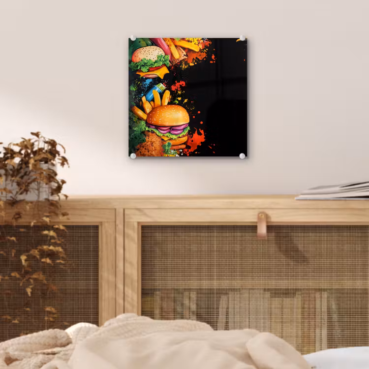 Glas schilderij - Hamburgers Frietjes Zwarte Achtergrond — 5