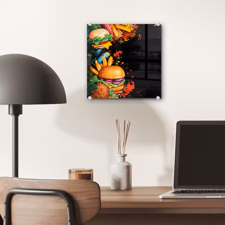 Glas schilderij - Hamburgers Frietjes Zwarte Achtergrond — 7