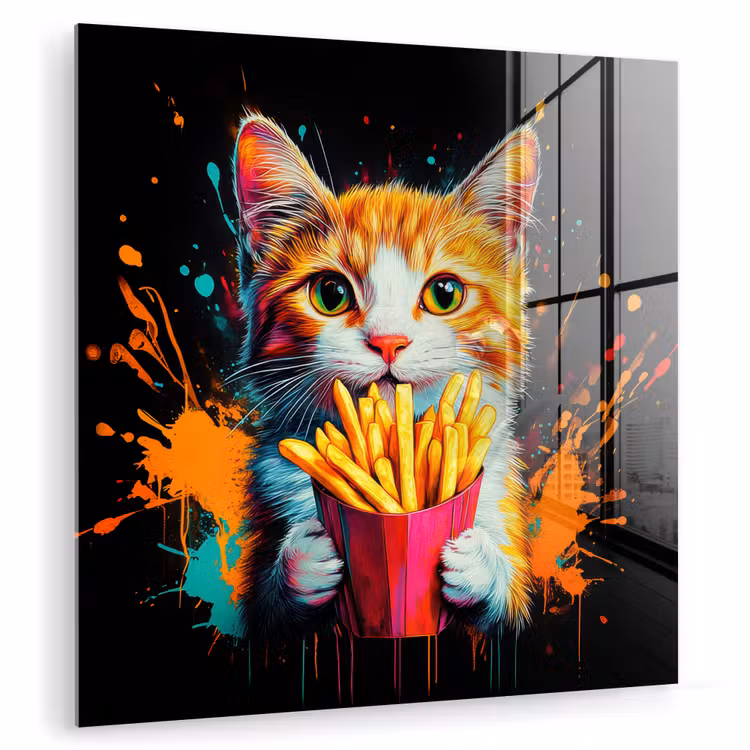 Glas schilderij - Kat met Frietjes