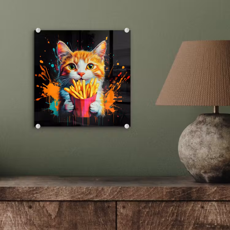 Glas schilderij - Kat met Frietjes — 4