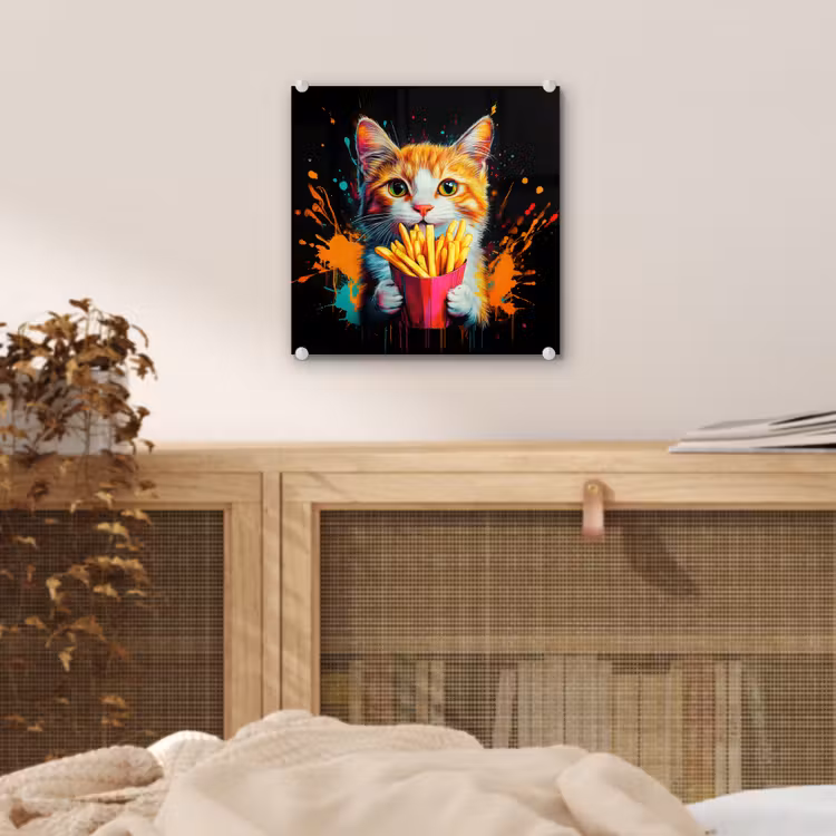 Glas schilderij - Kat met Frietjes — 5
