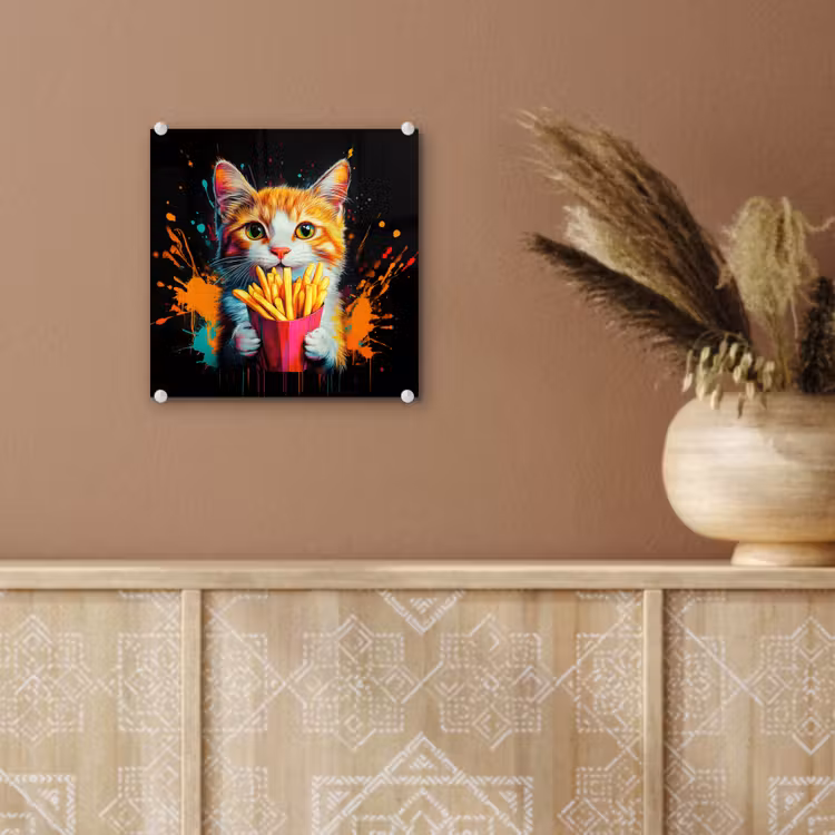 Glas schilderij - Kat met Frietjes — 6