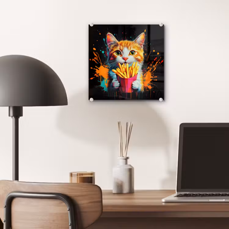 Glas schilderij - Kat met Frietjes — 7